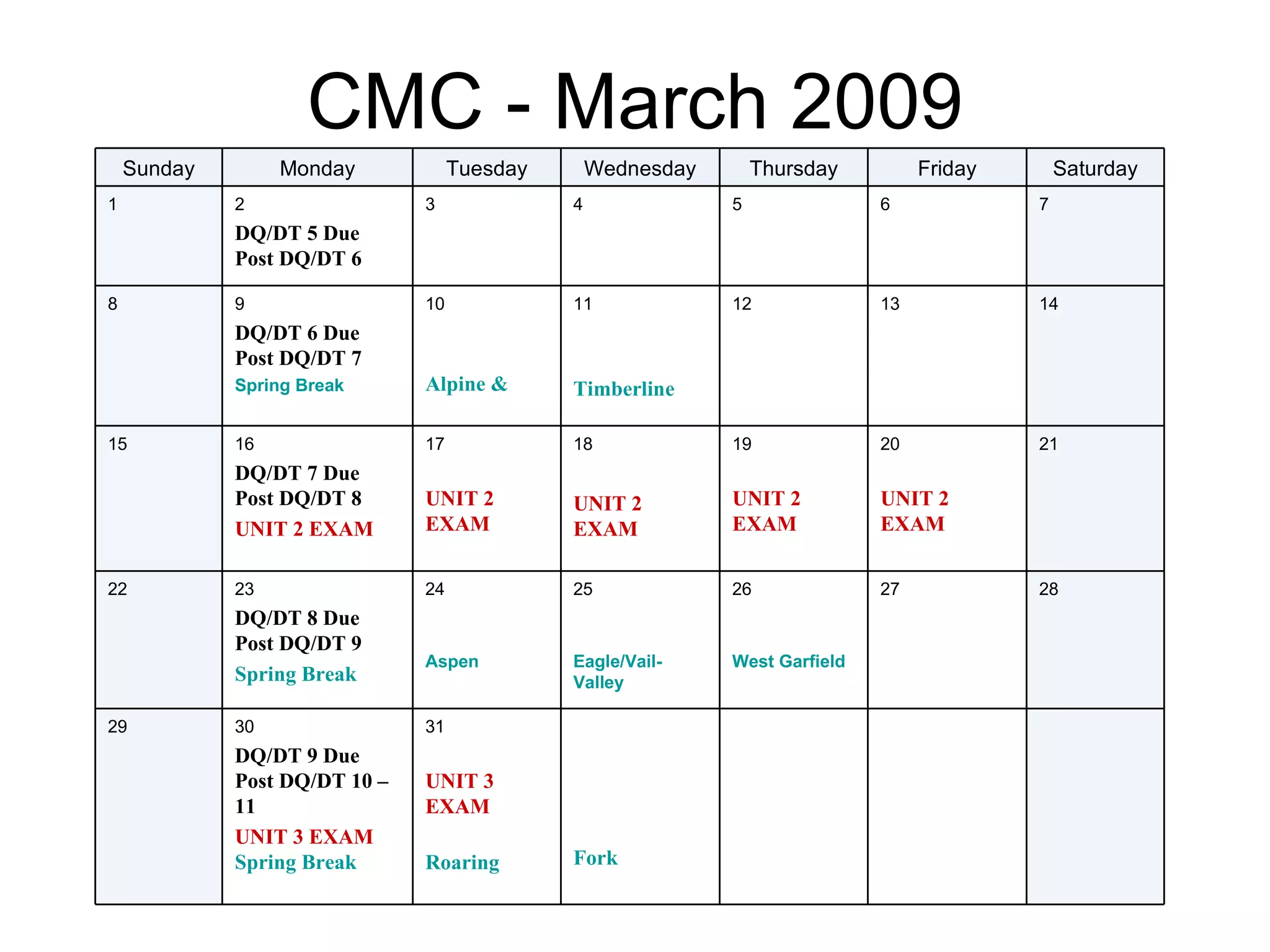 Spring 2009 Monthly Calendar CMC HIS 102, 202, 225 PPT