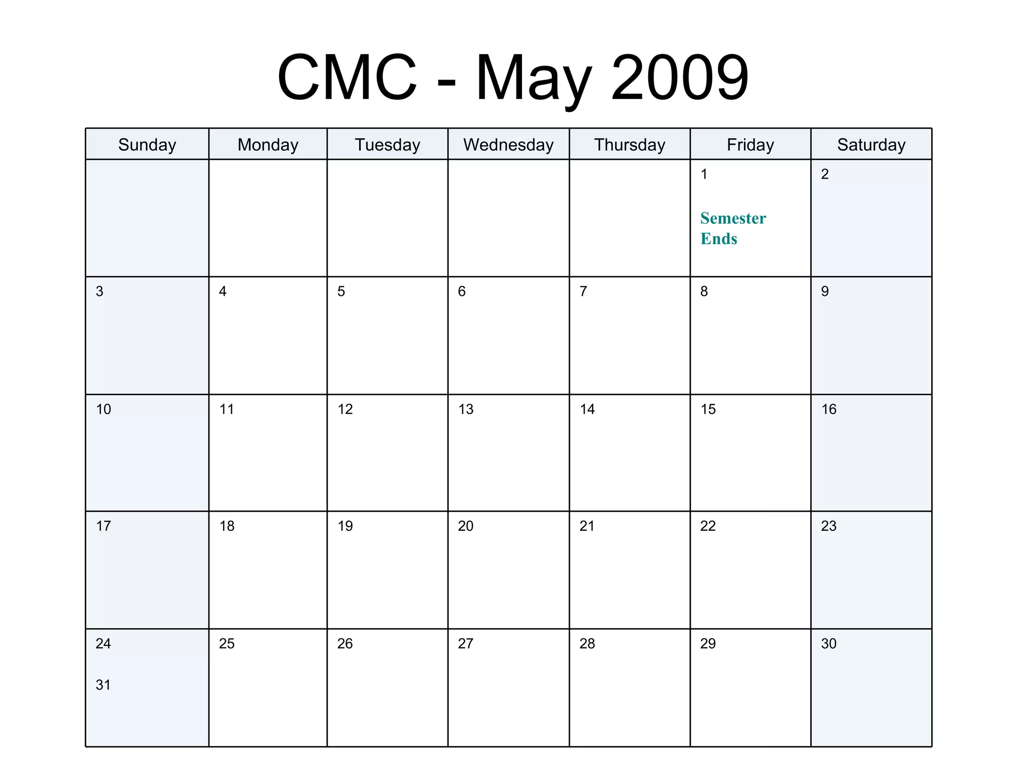 Spring 2009 Monthly Calendar CMC HIS 102, 202, 225 PPT