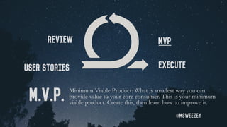 User Stories
MVPReview
Execute
Review
It is good to have comparable metrics, but asking consumers
directly is the best fee...