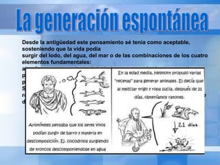 La generación espontánea Desde la antigüedad este pensamiento sé tenia como aceptable, sosteniendo que la vida podía  surgir del lodo, del agua, del mar o de las combinaciones de los cuatro elementos fundamentales:  aire, fuego, agua, y tierra. Aristóteles propuso el origen espontáneo para gusanos, insectos, y  peces a partir de sustancias como él roció, el sudor y la humedad. Según él, este proceso era el  resultado de interacción de la materia no viva, con fuerzas capaces de dar vida a lo que no tenía 