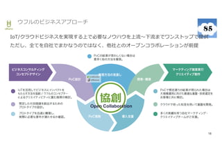 18
IoT/クラウドビジネスを実現する上で必要なノウハウを上流〜下流までワンストップで提供
ただし、全てを自社でまかなうのではなく、他社とのオープンコラボレーションが前提
18
ウフルのビジネスアプローチ
協創
Open Collaboration
 