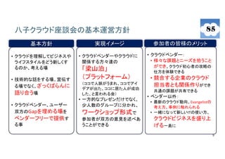 9
八子クラウド座談会の基本運営方針
基本方針
• クラウドを理解してビジネスや
ライフスタイルをどう新しくす
るのか、考える場
• 技術的な話をする場、宣伝す
る場でなく、ざっくばらんに
語り合う場
• クラウドベンダー、ユーザー
双方のGapを埋める場を
ベンダーフリーで提供す
る事
実現イメージ
• クラウドベンダーやクラウドに
関係する方々達の
「梁山泊」
（プラットフォーム）
（ココで人脈がうまれ、ココでアイ
デアが出た、ココに居た人が成功
した、と言われる会）
• 一方的なプレゼンだけでなく、
少人数のグループに分かれ、
ワークショップ形式で
参加者が双方の意見を述べあ
うことができる
参加者の皆様のメリット
• クラウドベンダー：
• 様々な課題とニーズを拾うこと
ができ、クラウド初心者の攻略の
仕方を体験できる
• 競合する企業のクラウド
担当者とも関係作りができ
共通の課題が共有できる
• ベンダー以外：
• 最新のクラウド動向、Evangelistの
考え方、事例に触れられる
• 一緒になって新しいITの使い方、
クラウドビジネスを盛り上
げる一員に
 