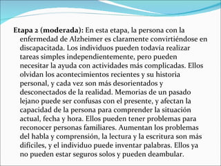 Etapa 2 (moderada): En esta etapa, la persona con la
  enfermedad de Alzheimer es claramente convirtiéndose en
  discapacitada. Los individuos pueden todavía realizar
  tareas simples independientemente, pero pueden
  necesitar la ayuda con actividades más complicadas. Ellos
  olvidan los acontecimientos recientes y su historia
  personal, y cada vez son más desorientados y
  desconectados de la realidad. Memorias de un pasado
  lejano puede ser confusas con el presente, y afectan la
  capacidad de la persona para comprender la situación
  actual, fecha y hora. Ellos pueden tener problemas para
  reconocer personas familiares. Aumentan los problemas
  del habla y comprensión, la lectura y la escritura son más
  difíciles, y el individuo puede inventar palabras. Ellos ya
  no pueden estar seguros solos y pueden deambular.
 