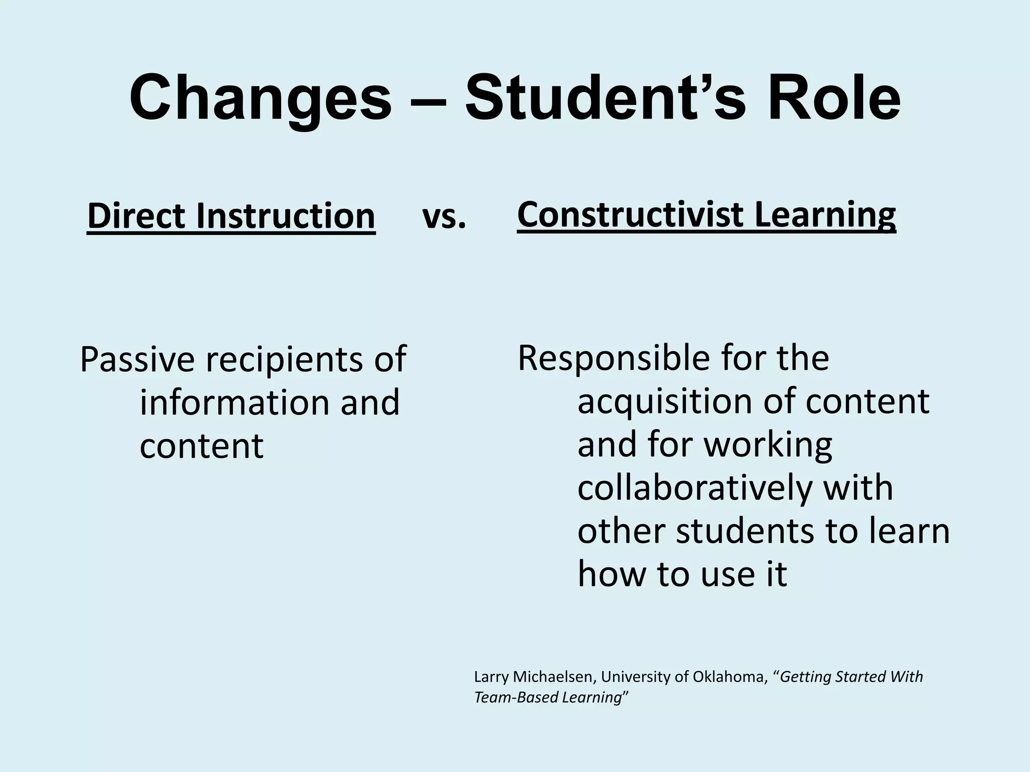 Changes – Student’s Role
Direct Instruction      vs.         Constructivist Learning


Passive recipients of               Responsible for the
   information and                     acquisition of content
   content                             and for working
                                       collaboratively with
                                       other students to learn
                                       how to use it

                              Larry Michaelsen, University of Oklahoma, “Getting Started With
                              Team-Based Learning”
 