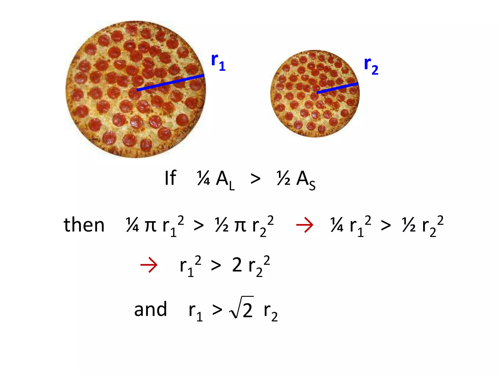 r1             r2




          If ¼ AL > ½ AS

then ¼ π r12 > ½ π r22 → ¼ r12 > ½ r22
       → r12 > 2 r22
       and r1 > 2 r2
 