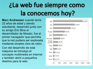 Marc Andreesen cuando tenía
22 años de edad y siendo
estudiante, desarrollo junto con
su amigo Eric Bina el
desarrollador de Mosaic, fue el
primer navegador que permitía
que la red pudiera ser explorada
mediante simples clics de ratón.
Con del desarrollo de está
máquina se introdujo el
concepto multimedia en internet
y también abrió a pequeños
diseños para la web.
 