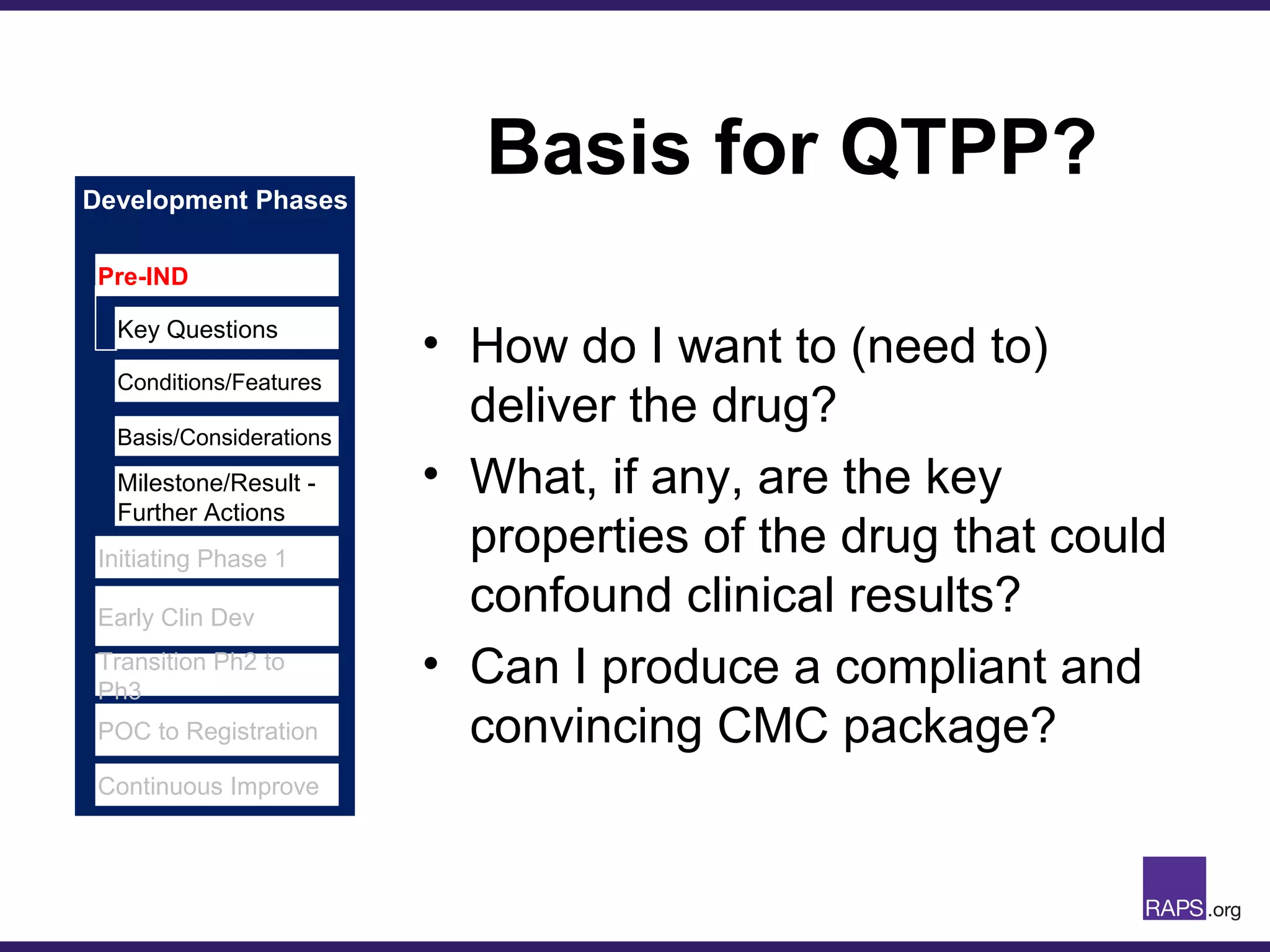 Development Phases
Basis for QTPP?
• How do I want to (need to)
deliver the drug?
• What, if any, are the key
properties of the drug that could
confound clinical results?
• Can I produce a compliant and
convincing CMC package?
Pre-IND
Initiating Phase 1
Early Clin Dev
Transition Ph2 to
Ph3
POC to Registration
Continuous Improve
Key Questions
Conditions/Features
Basis/Considerations
Milestone/Result -
Further Actions
 