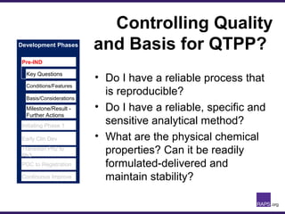 Development Phases
Controlling Quality
and Basis for QTPP?
• Do I have a reliable process that
is reproducible?
• Do I have a reliable, specific and
sensitive analytical method?
• What are the physical chemical
properties? Can it be readily
formulated-delivered and
maintain stability?
Pre-IND
Initiating Phase 1
Early Clin Dev
Transition Ph2 to
Ph3
POC to Registration
Continuous Improve
Key Questions
Conditions/Features
Basis/Considerations
Milestone/Result -
Further Actions
 