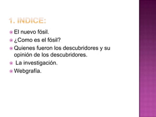  Elnuevo fósil.
 ¿Como es el fósil?
 Quienes fueron los descubridores y su
  opinión de los descubridores.
 La investigación.
 Webgrafía.
 
