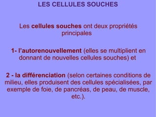 LES CELLULES SOUCHES
Les cellules souches ont deux propriétés
principales
1- l’autorenouvellement (elles se multiplient en
donnant de nouvelles cellules souches) et
2 - la différenciation (selon certaines conditions de
milieu, elles produisent des cellules spécialisées, par
exemple de foie, de pancréas, de peau, de muscle,
etc.).

 