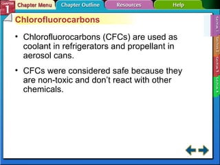 Section 1-1 Chlorofluorocarbons Chlorofluorocarbons (CFCs) are used as coolant in refrigerators and propellant in aerosol cans.  CFCs were considered safe because they are non-toxic and don’t react with other chemicals. 