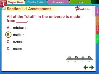 A B C D Section 1-1 Section 1.1 Assessment All of the “stuff” in the universe is made from _____. A. mixtures B. matter C. ozone D. mass 