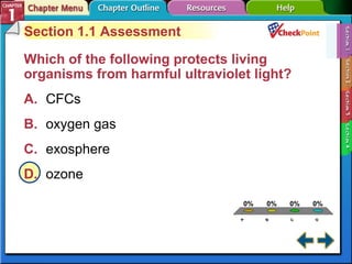 A B C D Section 1-1 Section 1.1 Assessment Which of the following protects living organisms from harmful ultraviolet light? A. CFCs B. oxygen gas C. exosphere D. ozone 