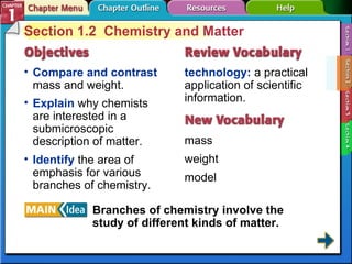Section 1-2 Section 1.2  Chemistry and Matter Compare and contrast  mass and weight. technology:  a practical application of scientific information. mass weight model Explain  why chemists are interested in a submicroscopic description of matter. Identify  the area of emphasis for various branches of chemistry. Branches of chemistry involve the study of different kinds of matter.   