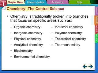Section 1-2 Chemistry is traditionally broken into branches that focus on specific areas such as: Organic chemistry Inorganic chemistry Physical chemistry Analytical chemistry Biochemistry Environmental chemistry Chemistry: The Central Science Industrial chemistry Polymer chemistry Theoretical chemistry Thermochemistry 
