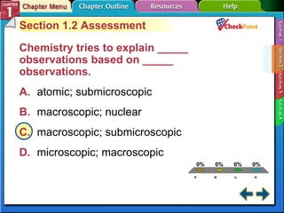 A B C D Section 1-2 Section 1.2 Assessment Chemistry tries to explain _____ observations based on _____ observations.   A. atomic; submicroscopic  B. macroscopic; nuclear  C. macroscopic; submicroscopic  D. microscopic; macroscopic  