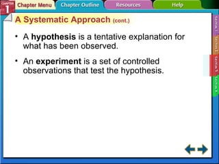 Section 1-3 A  hypothesis   is a tentative explanation for what has been observed. An  experiment   is a set of controlled observations that test the hypothesis. A Systematic Approach  (cont.) 