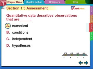 A B C D Section 1-3 Section 1.3 Assessment Quantitative data describes observations that are _____.   A. numerical  B. conditions C. independent D. hypotheses 