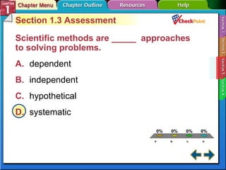 A B C D Section 1-3 Section 1.3 Assessment Scientific methods are _____  approaches to solving problems. A. dependent B. independent C. hypothetical D. systematic 
