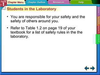 Section 1-4 Students in the Laboratory You are responsible for your safety and the safety of others around you. Refer to Table 1.2 on page 19 of your textbook for a list of safety rules in the the laboratory. 