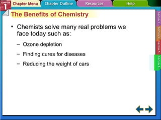 Section 1-4 Chemists solve many real problems we face today such as: Ozone depletion Finding cures for diseases Reducing the weight of cars The Benefits of Chemistry 