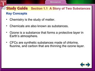 Study Guide 1 Section 1.1  A Story of Two Substances Key Concepts Chemistry is the study of matter. Chemicals are also known as substances. Ozone is a substance that forms a protective layer in Earth’s atmosphere. CFCs are synthetic substances made of chlorine, fluorine, and carbon that are thinning the ozone layer. 
