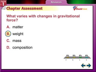 A B C D Chapter Assessment 2 What varies with changes in gravitational force?  A. matter B. weight C. mass D. composition 