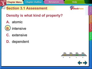 A B C D Section 3-1 Section 3.1 Assessment Density is what kind of property?   A. atomic  B. intensive C. extensive D. dependent  