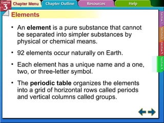 Section 3-4 Elements An  element   is a pure substance that cannot be separated into simpler substances by physical or chemical means. 92 elements occur naturally on Earth. Each element has a unique name and a one, two, or three-letter symbol. The  periodic table   organizes the elements into a grid of horizontal rows called periods and vertical columns called groups. 