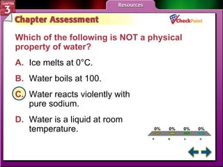A B C D Chapter Assessment 1 Which of the following is NOT a physical property of water?   A. Ice melts at 0°C.  B. Water boils at 100. C. Water reacts violently with  pure sodium.  D. Water is a liquid at room  temperature. 