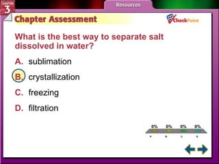 A B C D Chapter Assessment 3 What is the best way to separate salt dissolved in water?  A. sublimation  B. crystallization  C. freezing  D. filtration  