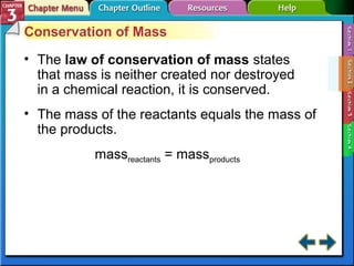 Conservation of Mass 
• The law of conservation of mass states 
that mass is neither created nor destroyed 
in a chemical reaction, it is conserved. 
• The mass of the reactants equals the mass of 
the products. 
massreactants = massproducts 
 