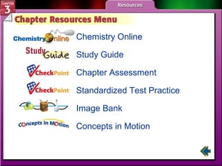 Chemistry Online 
Study Guide 
Chapter Assessment 
Standardized Test Practice 
Image Bank 
Concepts in Motion 
 