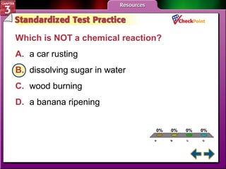 A. A 
B. B 
C. C 
D. D 
0% 0% 0% 0% 
A 
B 
C 
D 
Which is NOT a chemical reaction? 
A. a car rusting 
B. dissolving sugar in water 
C. wood burning 
D. a banana ripening 
 