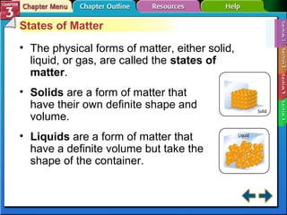 States of Matter 
• The physical forms of matter, either solid, 
liquid, or gas, are called the states of 
matter. 
• Solids are a form of matter that 
have their own definite shape and 
volume. 
• Liquids are a form of matter that 
have a definite volume but take the 
shape of the container. 
 