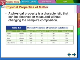 Physical Properties of Matter 
• A physical property is a characteristic that 
can be observed or measured without 
changing the sample’s composition. 
 