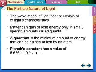 Section 5-1 The Particle Nature of Light The wave model of light cannot explain all of light’s characteristics. Matter can gain or lose energy only in small, specific amounts called quanta. A  quantum  is the minimum amount of energy that can be gained or lost by an atom. Planck’s constant   has a value of  6.626    10 –34  J ● s. 