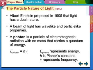 Section 5-1 The Particle Nature of Light  (cont.) Albert Einstein proposed in 1905 that light has a dual nature.   A beam of light has wavelike and particlelike properties. A  photon  is a particle of electromagnetic radiation with no mass that carries a quantum of energy. E photon  =  h  E photon  represents energy. h  is Planck's constant.    represents frequency.  
