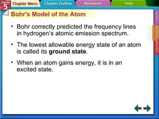 Section 5-2 Bohr's Model of the Atom Bohr correctly predicted the frequency lines in hydrogen’s atomic emission spectrum. The lowest allowable energy state of an atom is called its  ground state . When an atom gains energy, it is in an excited state. 