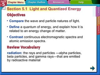 Section 5-1 Section 5.1  Light and Quantized Energy Compare  the wave and particle natures of light. radiation:  the rays and particles —alpha particles, beta particles, and gamma rays—that are emitted by radioactive material Define  a quantum of energy, and explain how it is related to an energy change of matter. Contrast  continuous electromagnetic spectra and atomic emission spectra. 