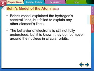 Section 5-2 Bohr's Model of the Atom  (cont.) Bohr’s model explained the hydrogen’s spectral lines, but failed to explain any other element’s lines. The behavior of electrons is still not fully understood, but it is known they do not move around the nucleus in circular orbits. 
