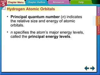 Section 5-2 Hydrogen Atomic Orbitals Principal quantum number  ( n ) indicates the relative size and energy of atomic orbitals. n  specifies the atom’s major energy levels, called the  principal energy levels . 