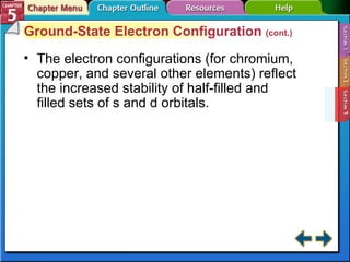 Section 5-3 Ground-State Electron Configuration  (cont.) The electron configurations (for chromium, copper, and several other elements) reflect the increased stability of half-filled and filled sets of s and d orbitals. 