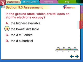 A B C D Section 5-3 Section 5.3 Assessment In the ground state, which orbital does an atom’s electrons occupy?   A. the highest available B. the lowest available   C. the  n  = 0 orbital   D. the d suborbital   