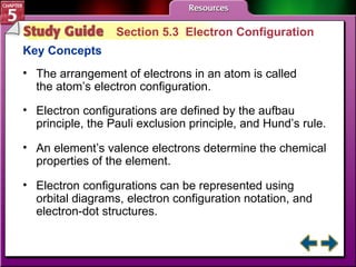 Study Guide 3 Section 5.3  Electron Configuration Key Concepts The arrangement of electrons in an atom is called the atom’s electron configuration.   Electron configurations are defined by the aufbau principle, the Pauli exclusion principle, and Hund’s rule.  An element’s valence electrons determine the chemical properties of the element.  Electron configurations can be represented using orbital diagrams, electron configuration notation, and electron-dot structures. 