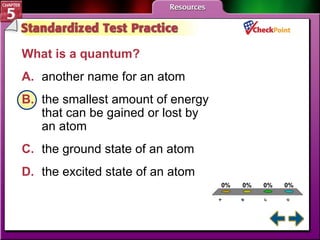 A B C D STP 5 What is a quantum?  A. another name for an atom   B. the smallest amount of energy  that can be gained or lost by  an atom   C. the ground state of an atom   D. the excited state of an atom   