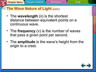 Section 5-1 The Wave Nature of Light  (cont.) The  wavelength   (λ) is the shortest distance between equivalent points on a continuous wave. The  frequency   (ν) is the number of waves that pass a given point per second. The  amplitude  is the wave’s height from the origin to a crest. 