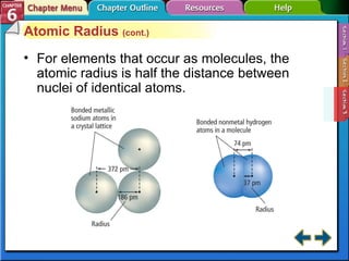 Section 6-3 Atomic Radius  (cont.) For elements that occur as molecules, the atomic radius is half the distance between nuclei of identical atoms. 