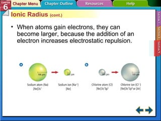 Section 6-3 Ionic Radius  (cont.) When atoms gain electrons, they can become larger, because the addition of an electron increases electrostatic repulsion.   