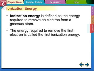 Section 6-3 Ionization Energy Ionization energy  is defined as the energy required to remove an electron from a gaseous atom. The energy required to remove the first electron is called the first ionization energy. 